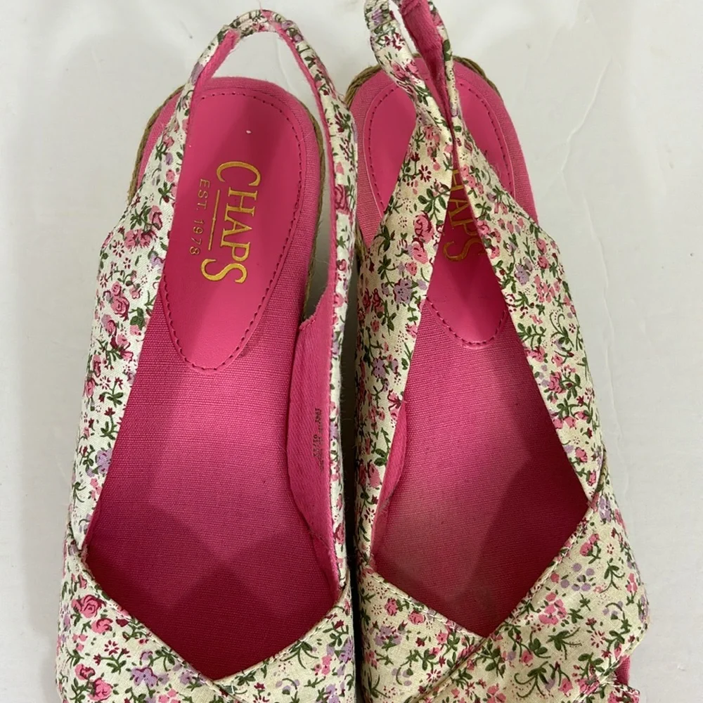 Chaps Pink Floral  Fabric Corala Peep Toe Espadrille Wedge Sandals Size 9B